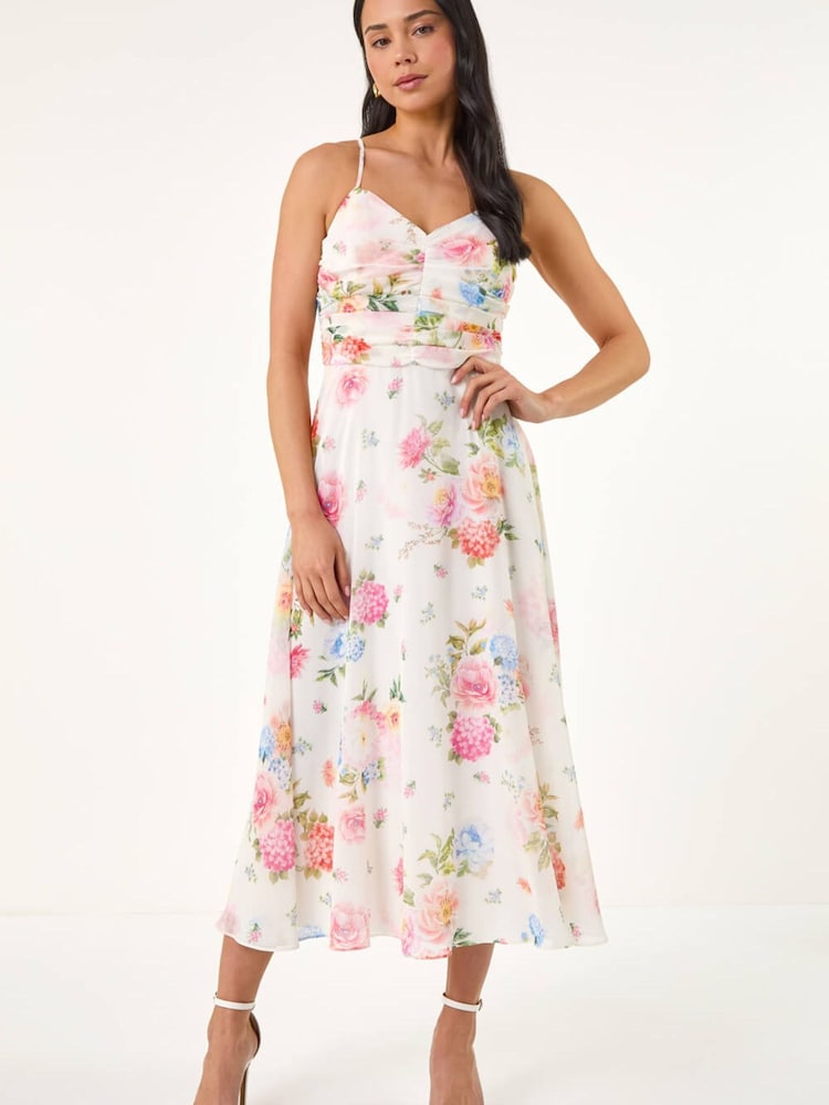 Roman White Petite Floral Ruched Midi Dress - Image 2 of 5