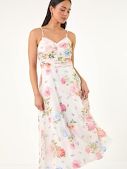 Roman White Petite Floral Ruched Midi Dress - Image 4 of 5