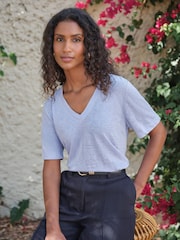 Pure Collection Blue Linen Short Sleeved V-Neck Top - Image 1 of 3