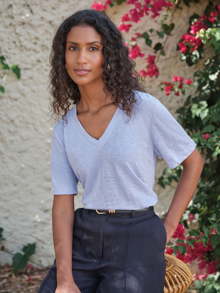 Pure Collection Blue Linen Short Sleeved V-Neck Top - Image 1 of 3