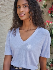 Pure Collection Blue Linen Short Sleeved V-Neck Top - Image 3 of 3