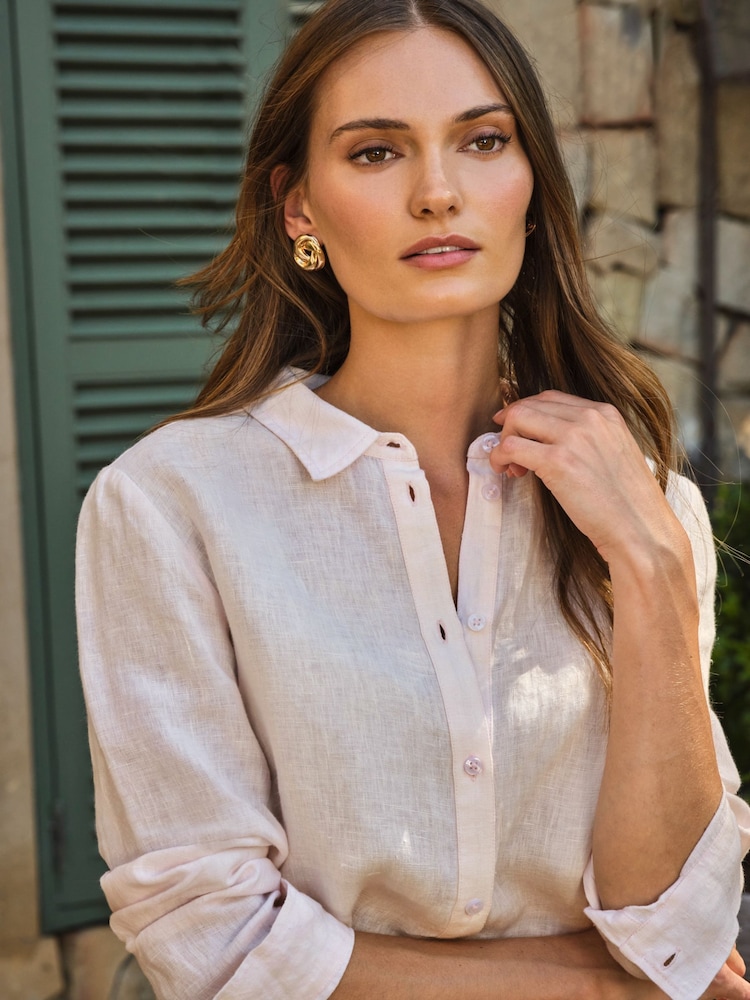 Pure Collection Pink Linen Loose Fit Shirt - Image 2 of 3 Pure Collection Pink Linen Loose Fit Shirt - Image 2 of 3