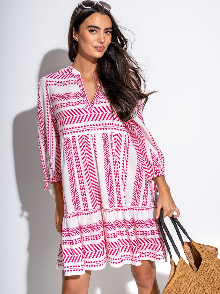 Pour Moi White/Pink Claire Linen Blend Beach Kaftan Dress - Image 1 of 4 Pour Moi White/Pink Claire Linen Blend Beach Kaftan Dress - Image 1 of 4
