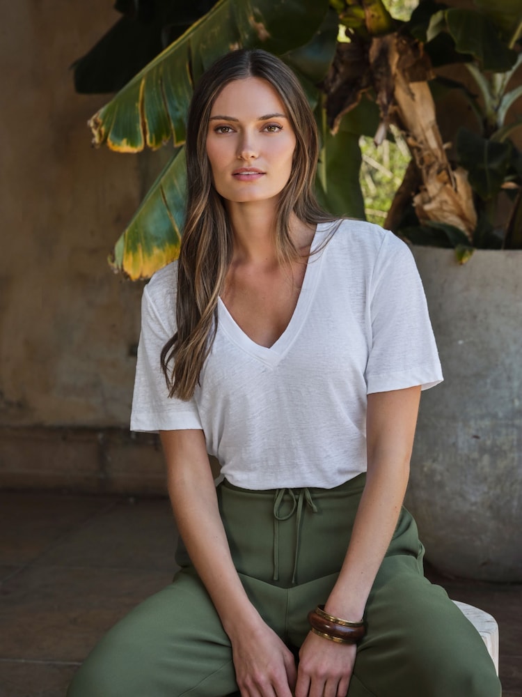 Pure Collection White Linen Short Sleeved V-Neck Top - Image 1 of 2