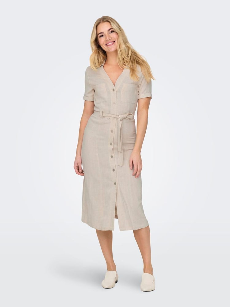 ONLY Cream Short Sleeve Button Through Midi Shirt Dress with Linen - Image 1 of 6