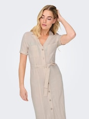 ONLY Cream Short Sleeve Button Through Midi Shirt Dress with Linen - Image 3 of 6