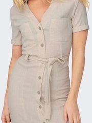 ONLY Cream Short Sleeve Button Through Midi Shirt Dress with Linen - Image 4 of 6