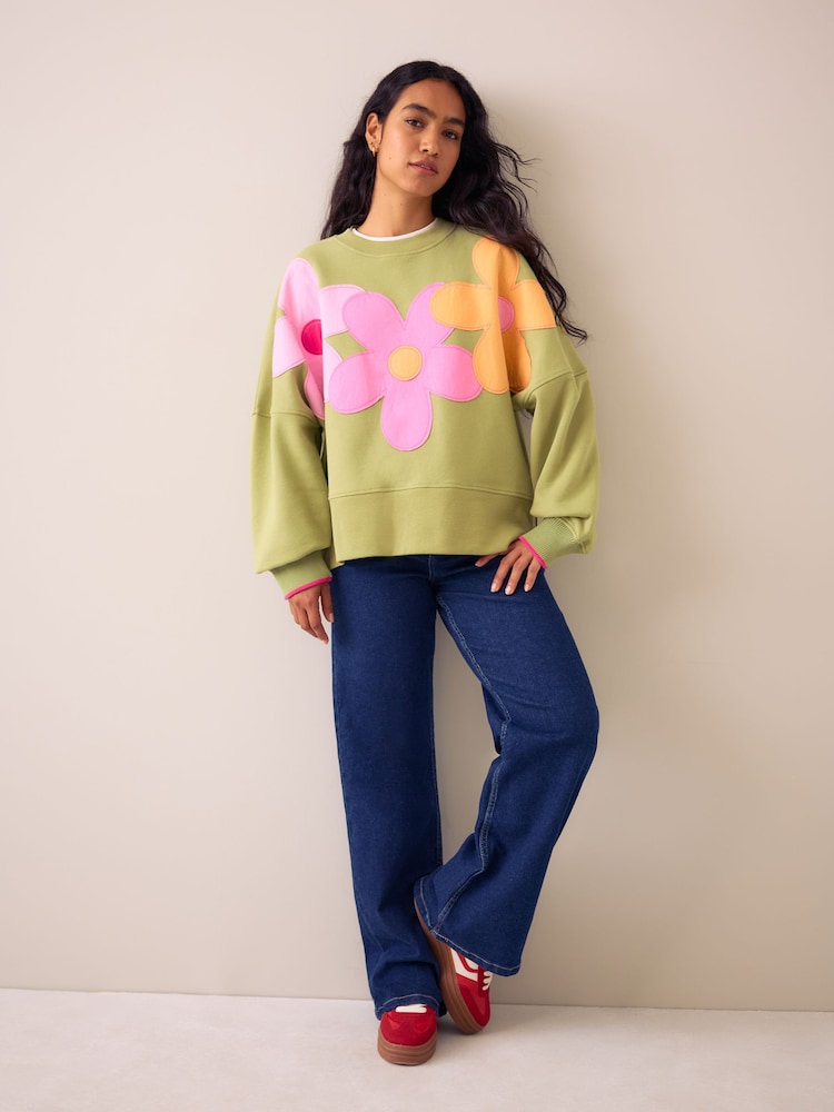 Little Bird by Jools Oliver Green Rainbow Floral Applique Boxy Sweat Top - Image 2 of 6