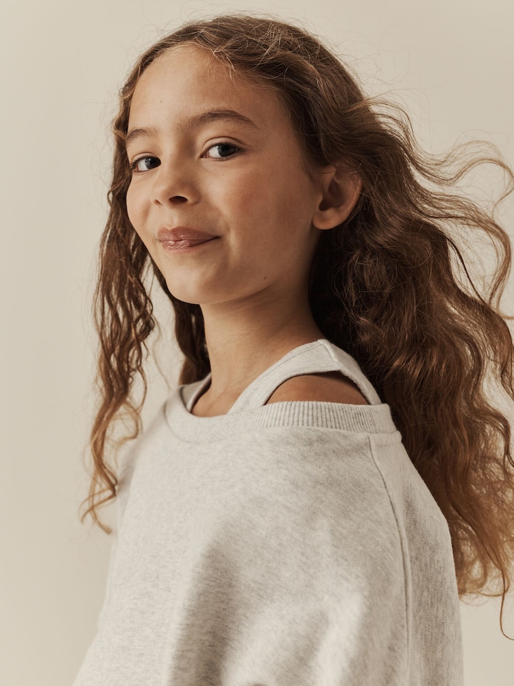 Grey Marl Off Shoulder Sweatshirt and Joggers Set (3-16yrs) - Image 2 of 5 Grey Marl Off Shoulder Sweatshirt and Joggers Set (3-16yrs) - Image 2 of 5