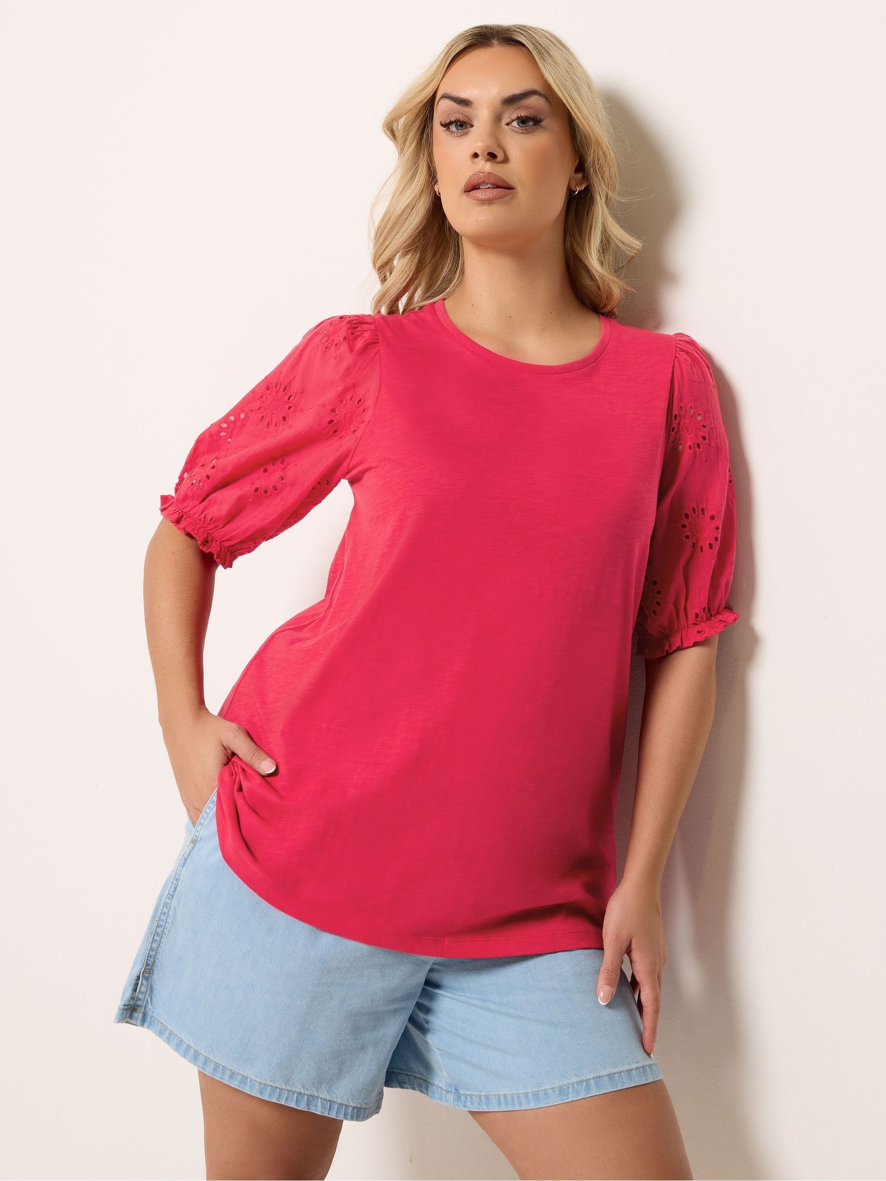 Yours Curve Women's Red Broderie Anglaise T-Shirt