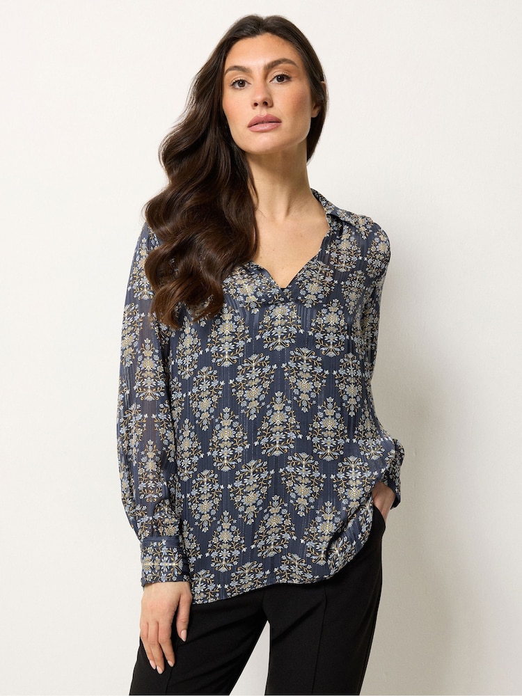 M&Co Blue Floral Metallic Shirt - Image 1 of 5 M&Co Blue Floral Metallic Shirt - Image 1 of 5