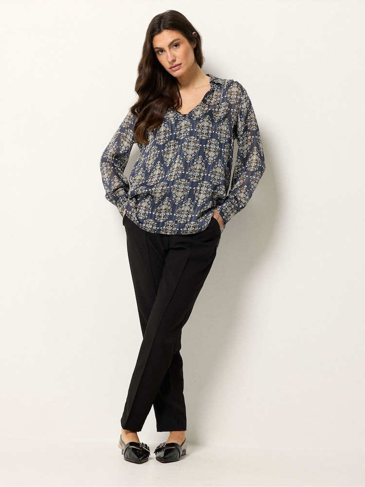 M&Co Blue Floral Metallic Shirt - Image 2 of 5 M&Co Blue Floral Metallic Shirt - Image 2 of 5