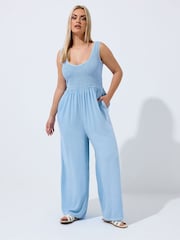 Yours Curve Blue Limited Shirred Chambray Jumpsuit - Image 1 of 5
