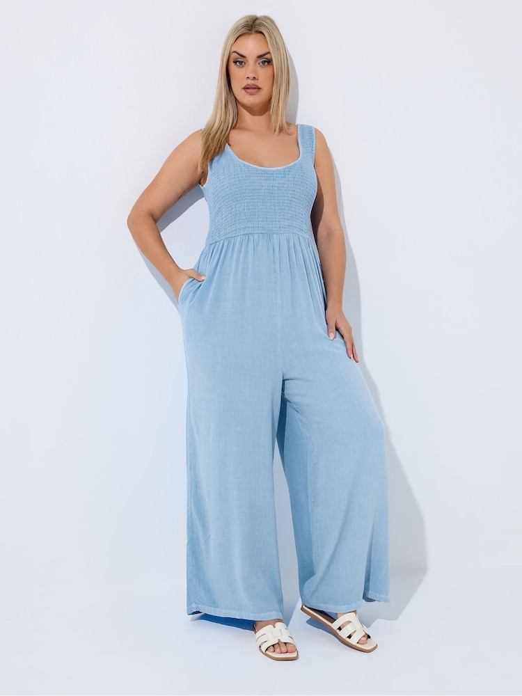 Yours Curve Blue Limited Shirred Chambray Jumpsuit - Image 2 of 5