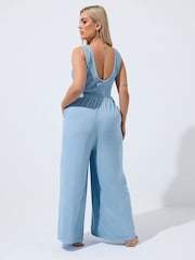 Yours Curve Blue Limited Shirred Chambray Jumpsuit - Image 3 of 5