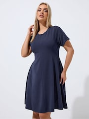 Yours Curve Blue Limited Skater Pleated Dress - Image 1 of 5