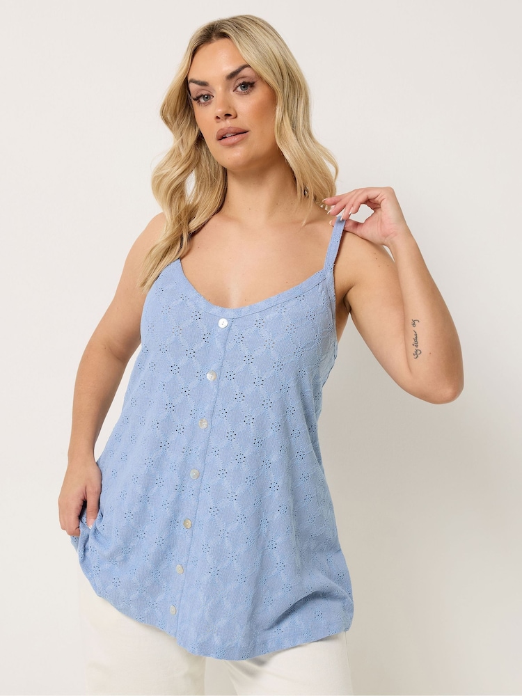 Yours Curve Blue Broderie Anglaise Vest Top - Image 1 of 5 Yours Curve Blue Broderie Anglaise Vest Top - Image 1 of 5
