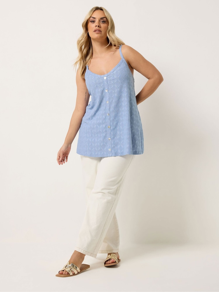 Yours Curve Blue Broderie Anglaise Vest Top - Image 2 of 5 Yours Curve Blue Broderie Anglaise Vest Top - Image 2 of 5