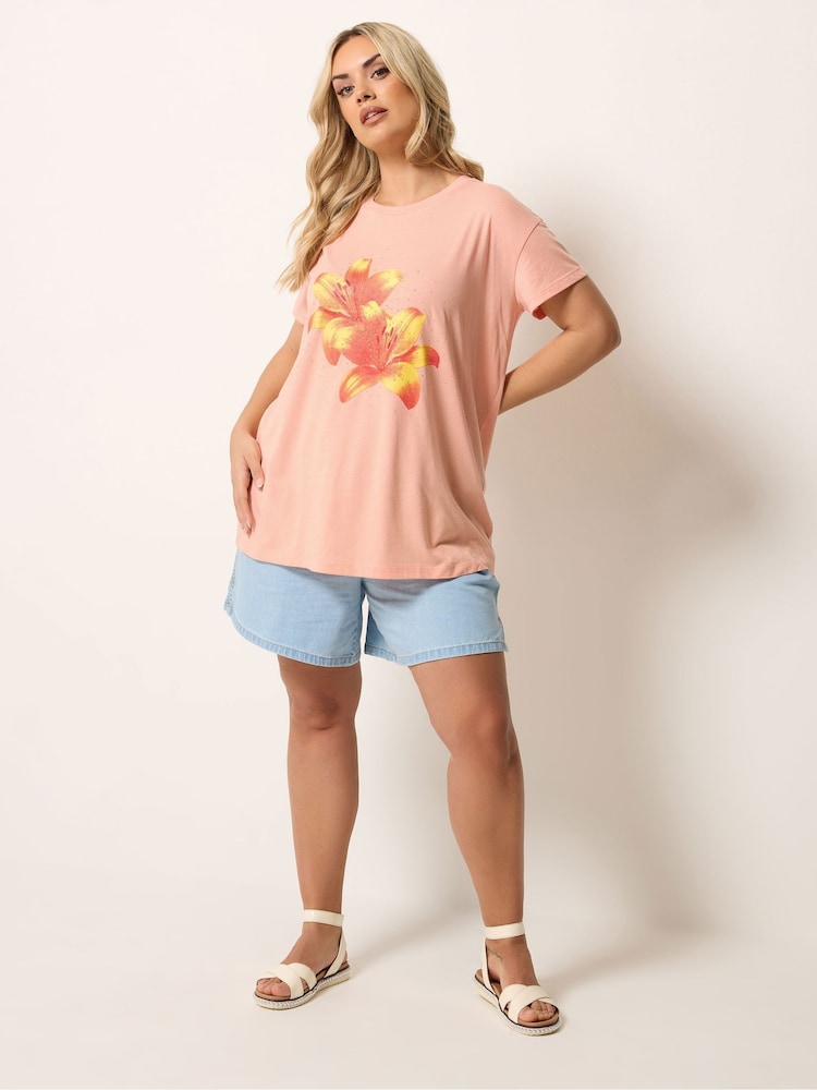 Yours Curve Orange Flower Graphic T-Shirt - Image 2 of 5 Yours Curve Orange Flower Graphic T-Shirt - Image 2 of 5