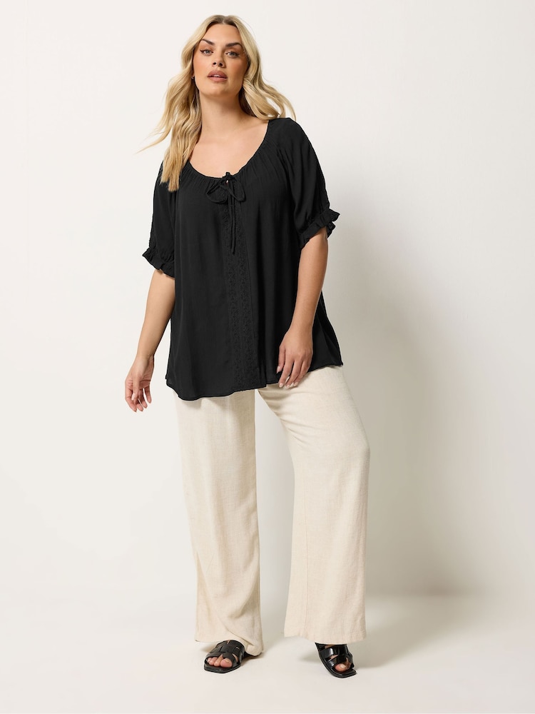 Yours Curve Black Crochet Short Sleeve Boho Top - Image 2 of 4