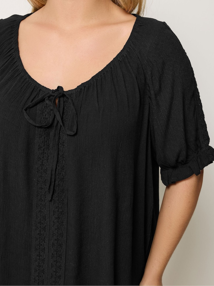 Yours Curve Black Crochet Short Sleeve Boho Top - Image 4 of 4