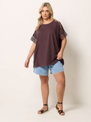 Yours Curve Brown Boxy Crochet T-Shirt - Image 2 of 5