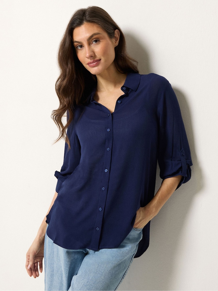 M&Co Navy Blue Crinkle Tab Sleeve Shirt - Image 1 of 5 M&Co Navy Blue Crinkle Tab Sleeve Shirt - Image 1 of 5