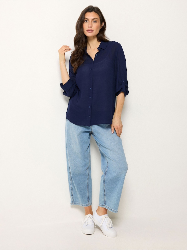 M&Co Navy Blue Crinkle Tab Sleeve Shirt - Image 2 of 5 M&Co Navy Blue Crinkle Tab Sleeve Shirt - Image 2 of 5