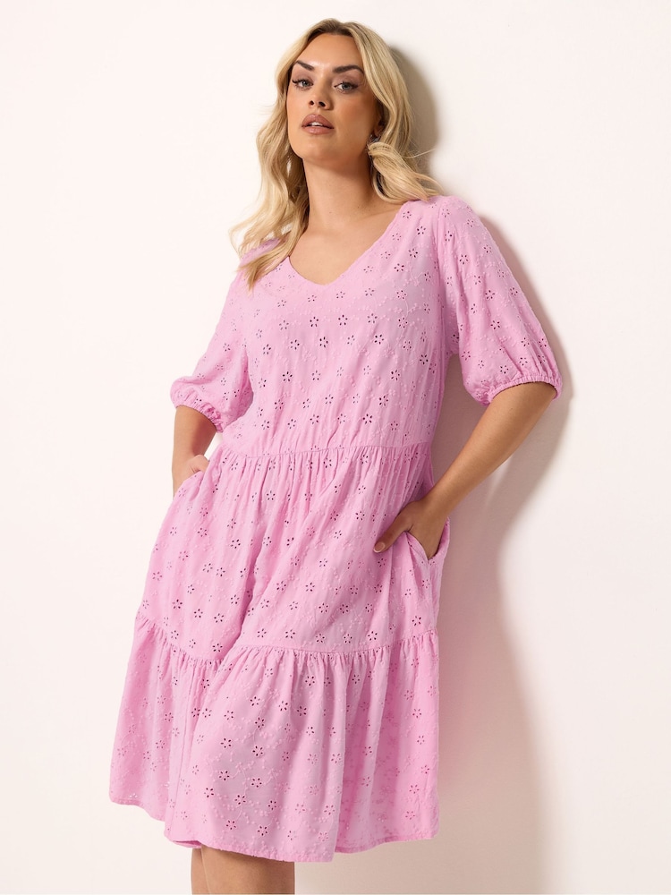Yours Curve Pink Broderie Anglaise Tiered Dress - Image 1 of 5 Yours Curve Pink Broderie Anglaise Tiered Dress - Image 1 of 5