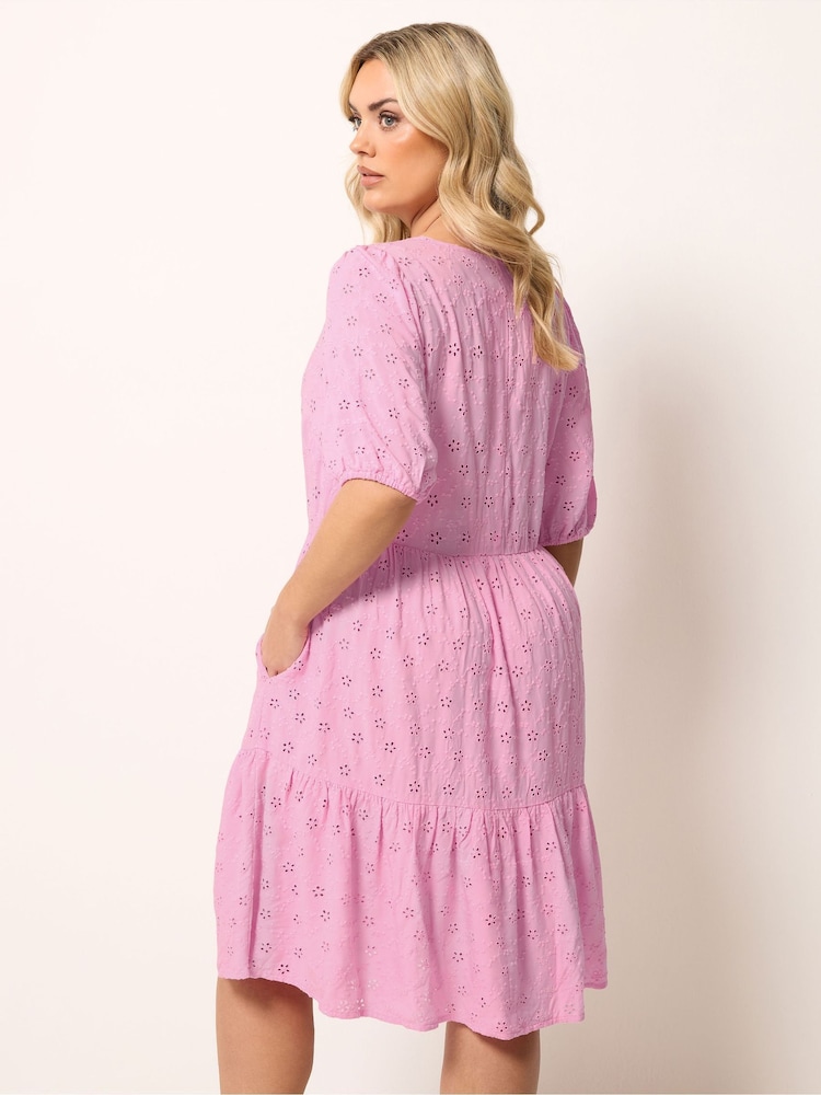Yours Curve Pink Broderie Anglaise Tiered Dress - Image 2 of 5 Yours Curve Pink Broderie Anglaise Tiered Dress - Image 2 of 5