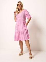 Yours Curve Pink Broderie Anglaise Tiered Dress - Image 3 of 5