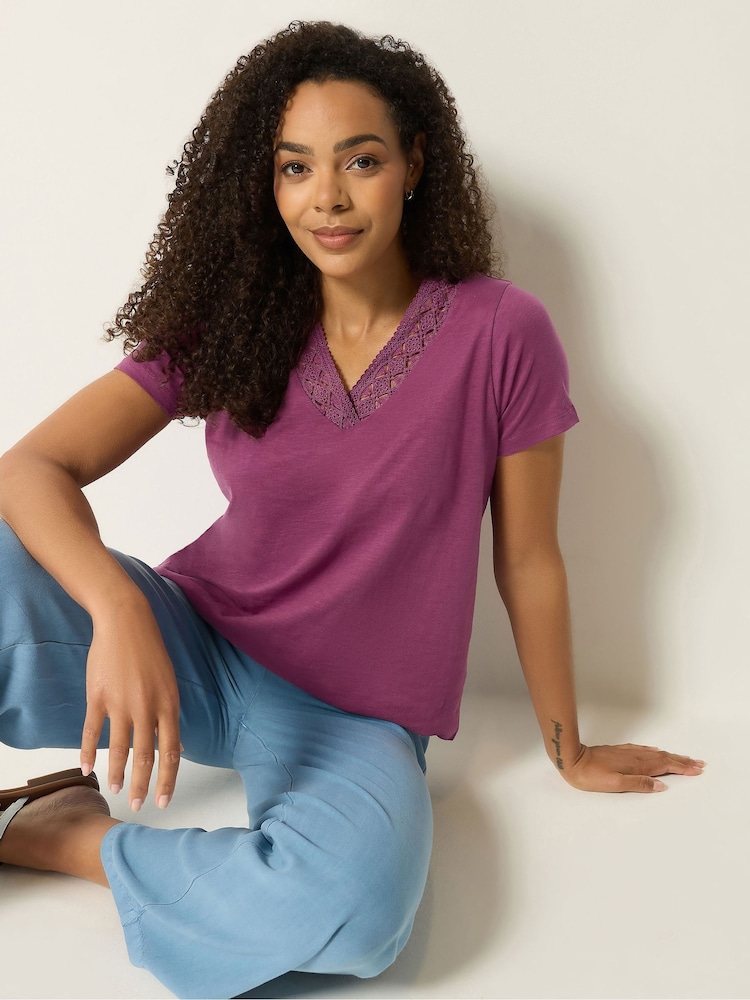 M&Co Purple Lace Trim V-Neck T-Shirt - Image 1 of 5