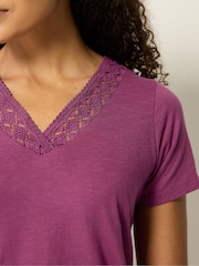 M&Co Purple Lace Trim V-Neck T-Shirt - Image 4 of 5