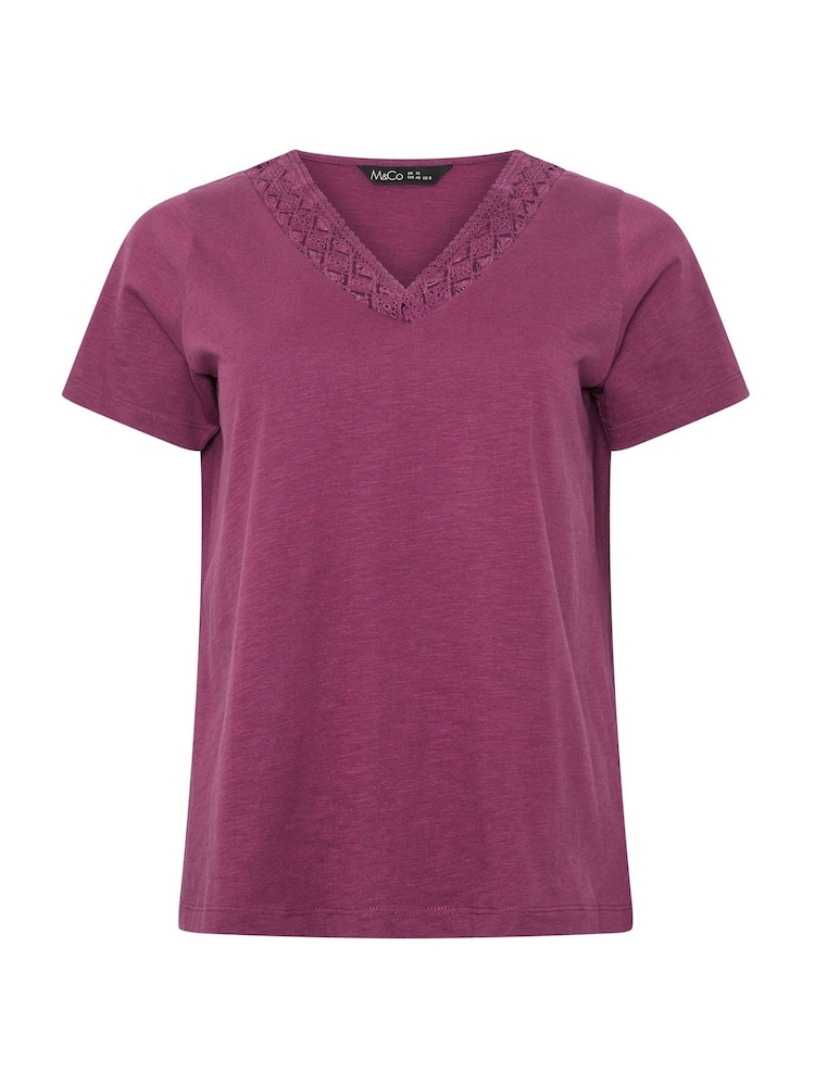 M&Co Purple Lace Trim V-Neck T-Shirt - Image 5 of 5