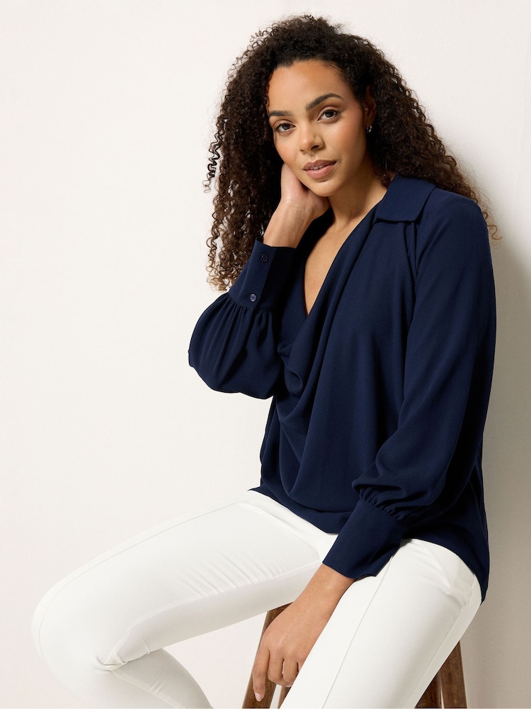 M&Co Blue Drape Front Blouse - Image 1 of 5