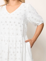 Yours Curve White Broderie Anglaise Tiered Dress - Image 3 of 5