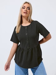 Yours Curve Black Limited Button Down Peplum Top - Image 1 of 5
