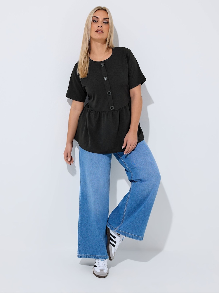 Yours Curve Black Limited Button Down Peplum Top - Image 2 of 5