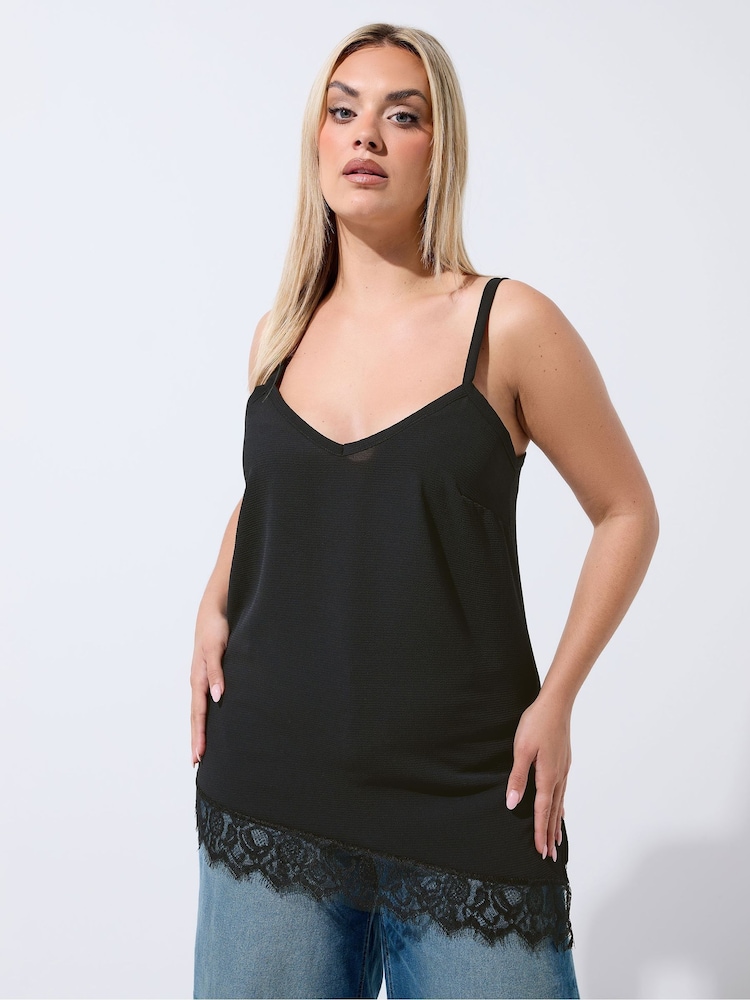 Yours Curve Black Limited Asymmetrical Lace Hem Vest - Image 1 of 5 Yours Curve Black Limited Asymmetrical Lace Hem Vest - Image 1 of 5