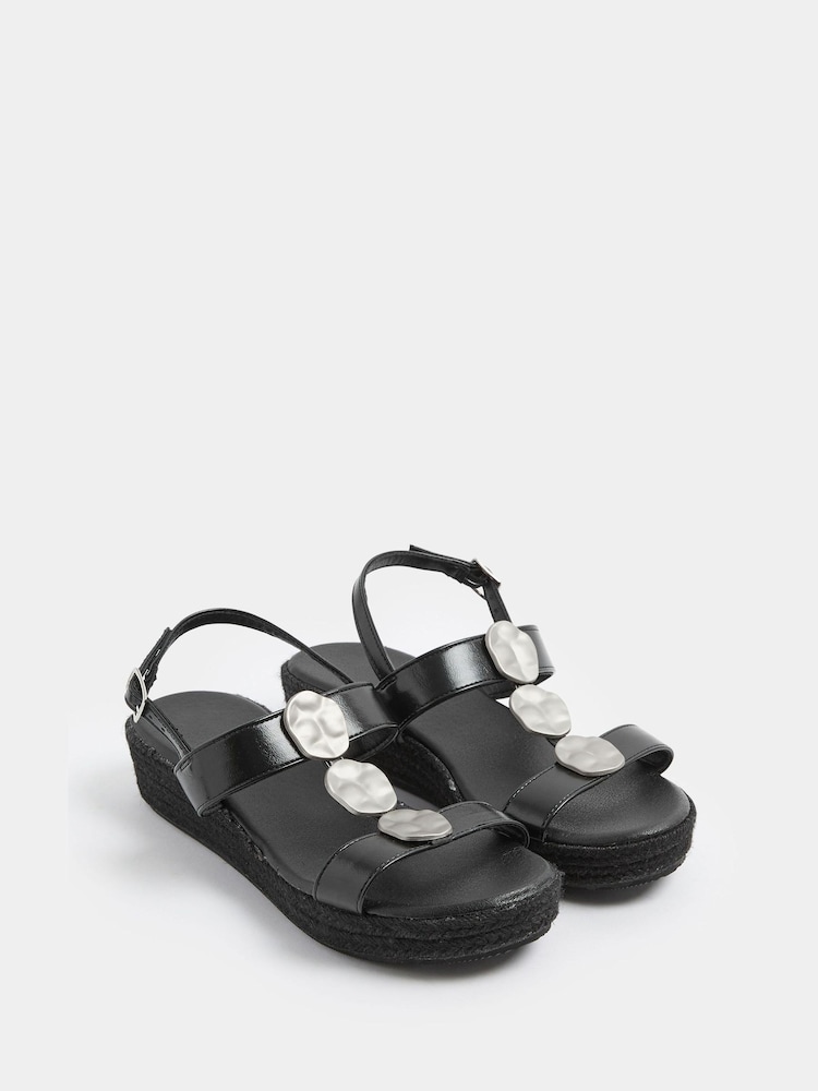 Yours Curve Black Wide Fit Hammered Disk Wedge Sandals - Image 1 of 4