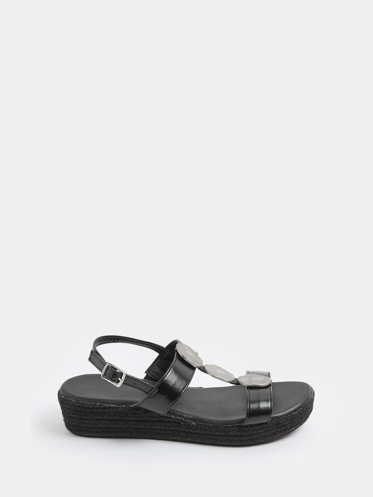 Yours Curve Black Wide Fit Hammered Disk Wedge Sandals - Image 2 of 4