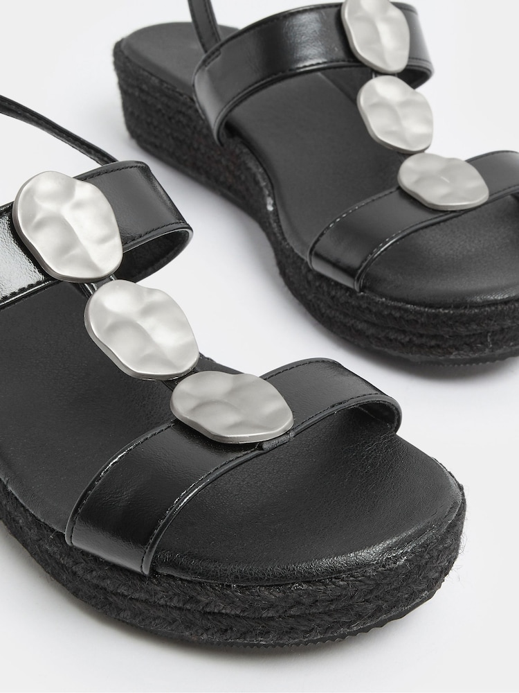 Yours Curve Black Wide Fit Hammered Disk Wedge Sandals - Image 4 of 4