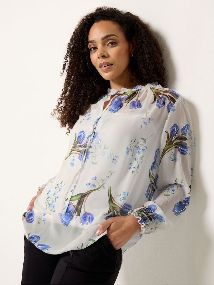 M&Co White Floral Tie Neck Blouse - Image 1 of 5 M&Co White Floral Tie Neck Blouse - Image 1 of 5
