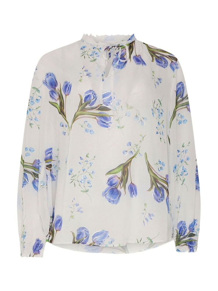 M&Co White Floral Tie Neck Blouse - Image 5 of 5 M&Co White Floral Tie Neck Blouse - Image 5 of 5