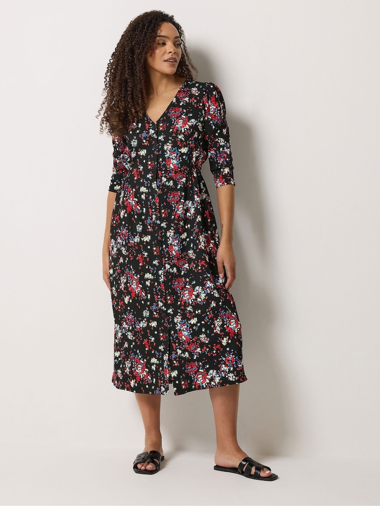 M&Co Black Floral Midi Tea Dress - Image 1 of 5