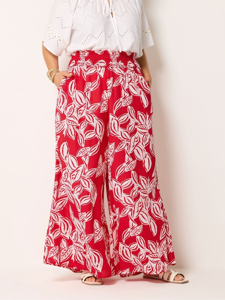 Yours Curve Red Shirred Wide Leg Trousers - Image 1 of 5