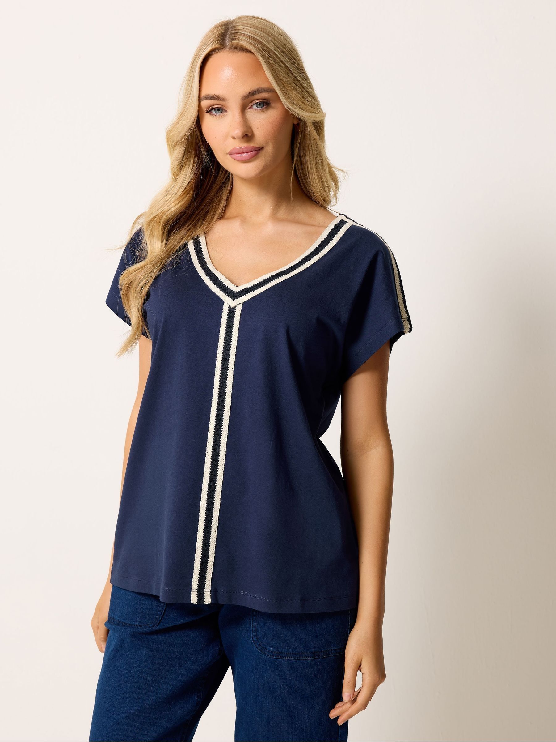 M & Co Women's Blue V Neck Trim T Shirt