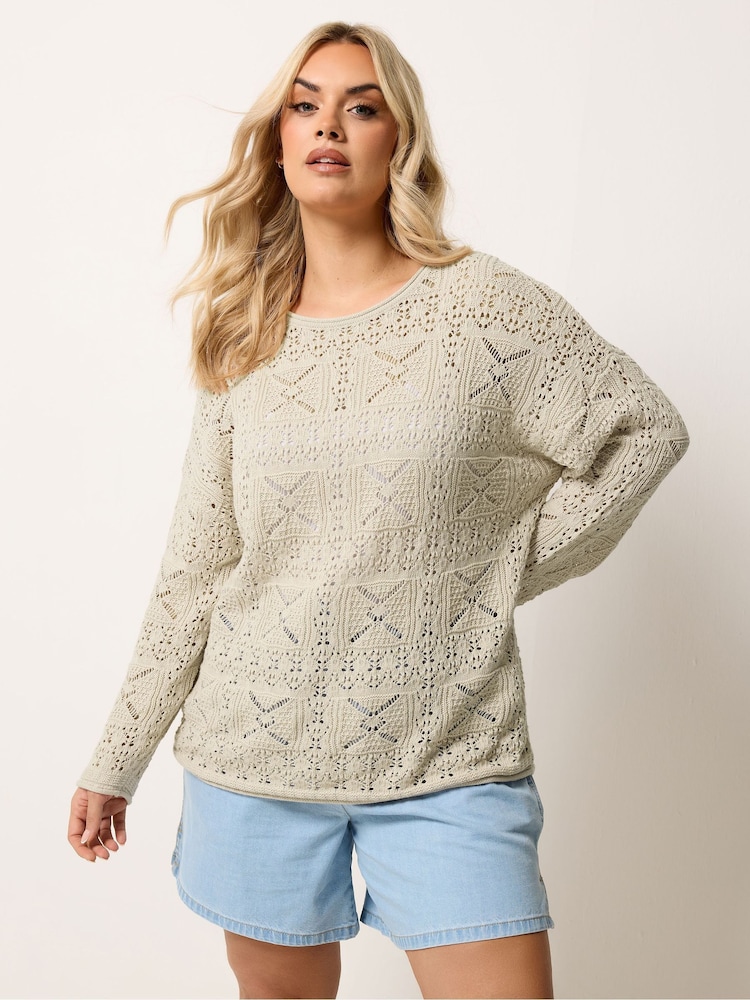 Yours Curve Natural Pointelle Stitch Long Sleeve Jumper - Image 1 of 5 Yours Curve Natural Pointelle Stitch Long Sleeve Jumper - Image 1 of 5