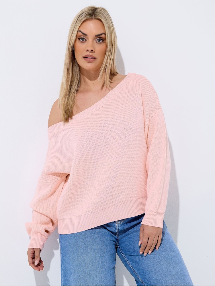 Yours Curve Pink Limited Off Shoulder Knitted Jumper - Image 1 of 5
