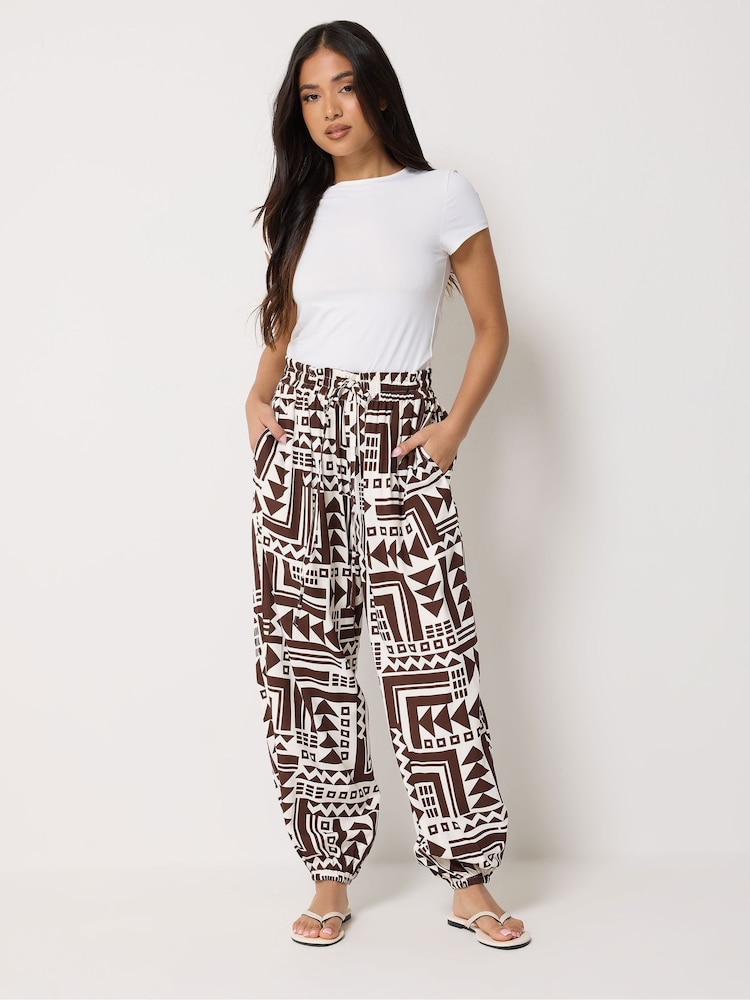 PixieGirl Petite Brown Abstract Print Wide Hareem Trousers - Image 1 of 5